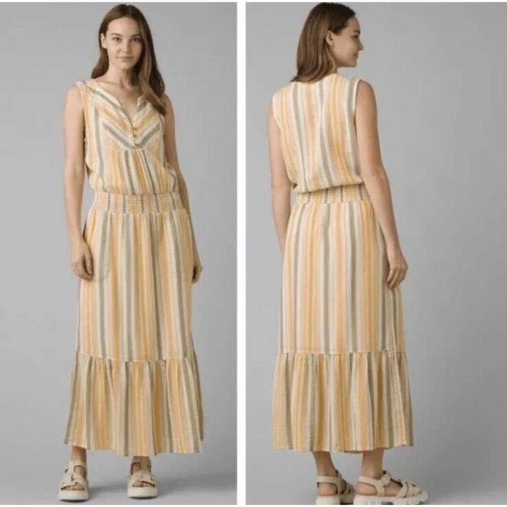 Prana Striped Maxi Dress in Yellow, Cream and Blue